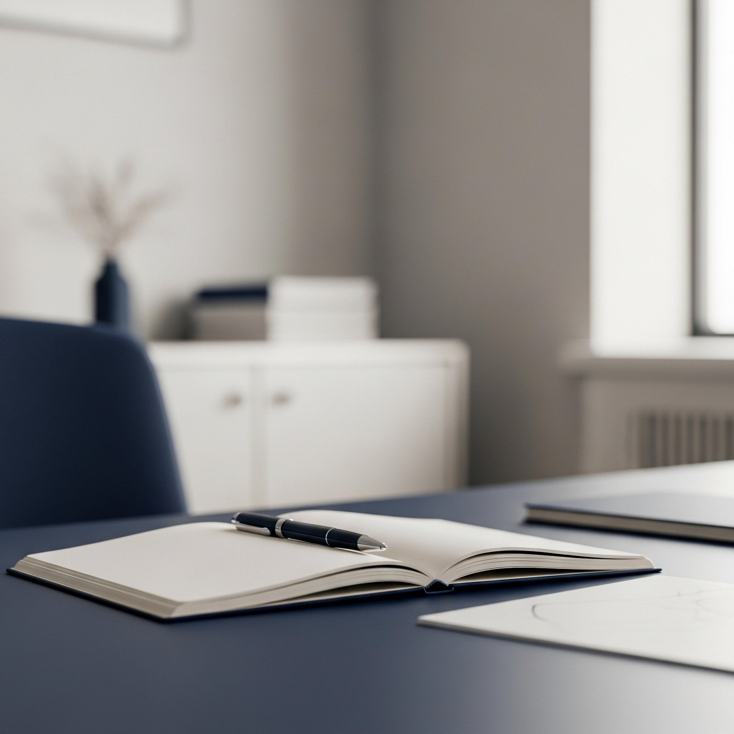Open notebook with a pen resting on it, placed on a dark table in a minimalistic room with a window, a white cabinet, and some books in the background.