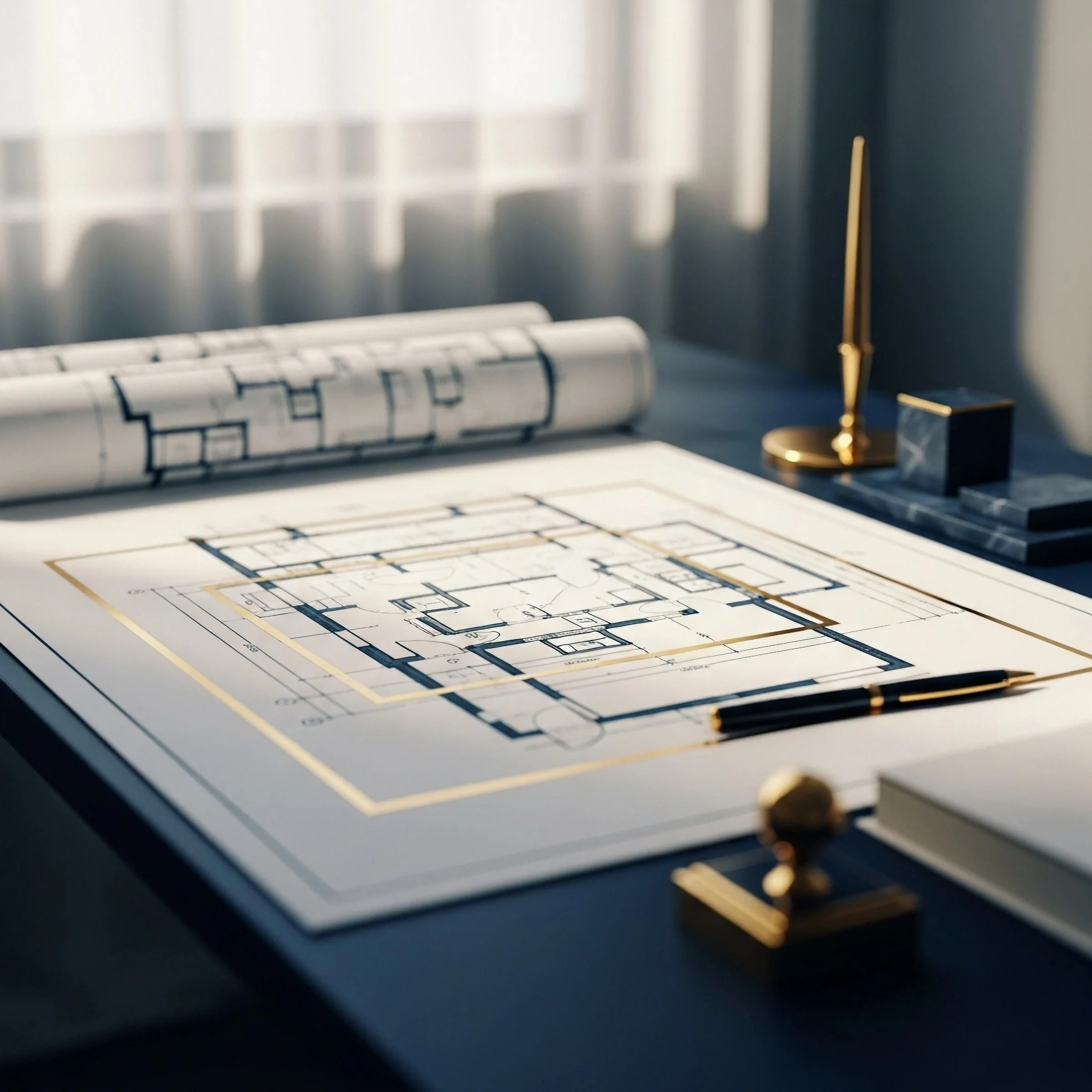 Architectural blueprints on a desk with office supplies including a sleek pen, gold desk accessories, and a rolled-up plan.