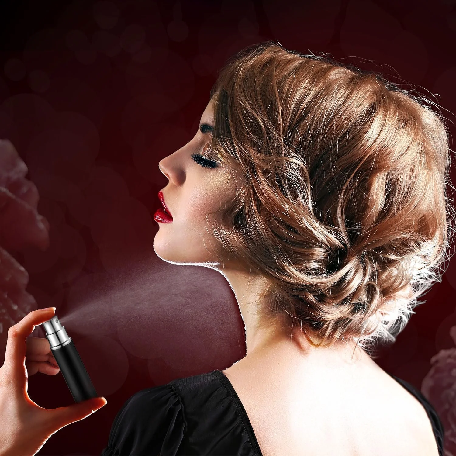 A woman with styled, wavy blonde hair in profile, holding a spray bottle close to her face, with a dark red background and faint circular light effects.