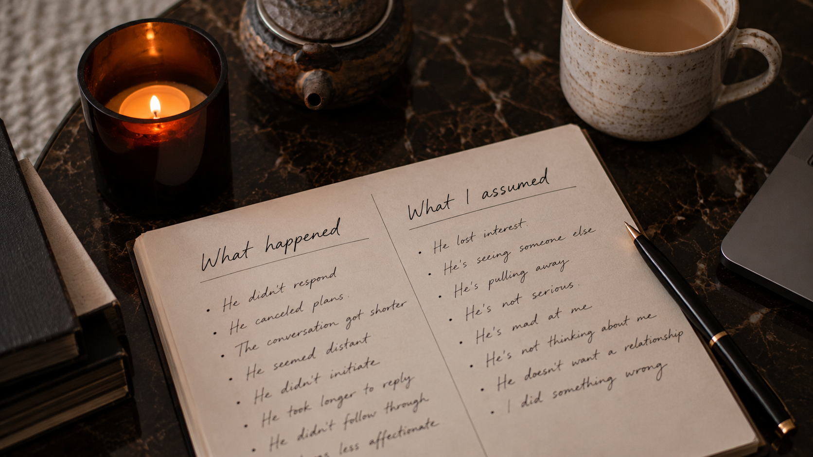 Notebook separating observed relationship events from assumptions and interpretations.