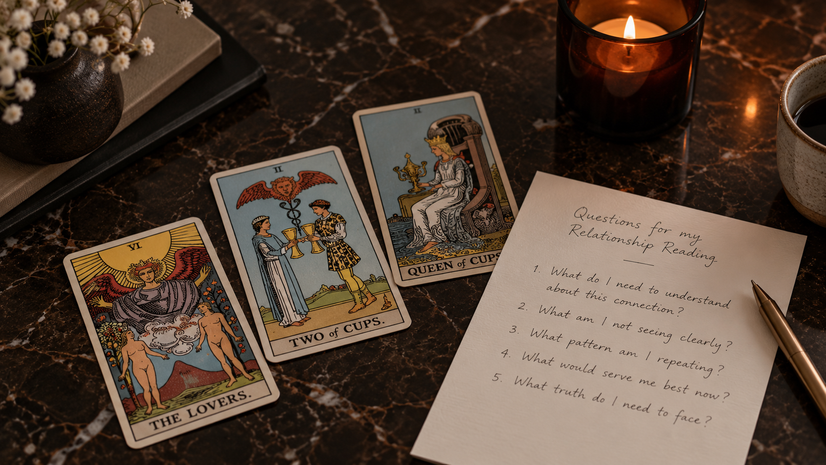 Handwritten relationship questions beside a small Tarot spread on a dark table.