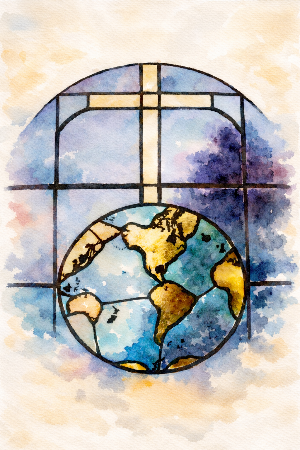 Watercolor painting of a stained glass window featuring a globe showing continents in Africa and South America.