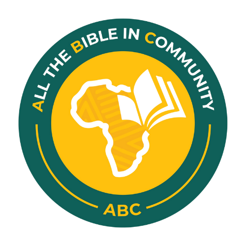 A circular logo with a dark green outer ring, a yellow inner circle, and an open Bible with an African continent outline. The text reads: "All the Bible in Community" at the top and "ABC" at the bottom.