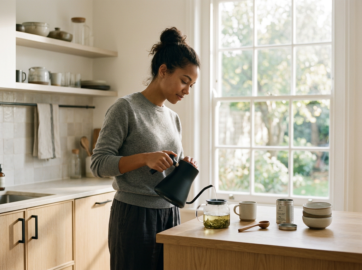 A woman pouring hot water into a glass teapot with green tea in a bright kitchen.