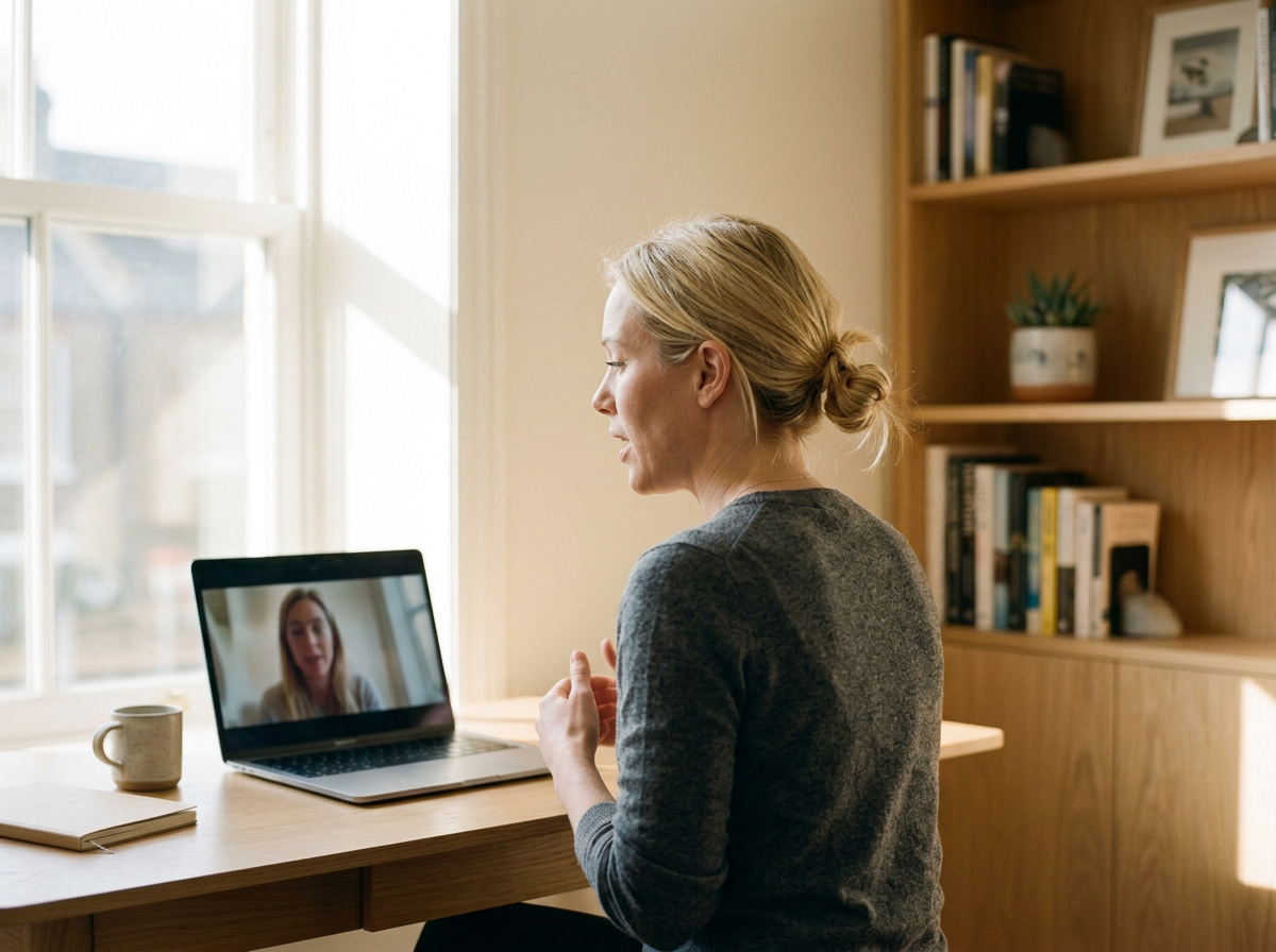 A woman with blonde hair tied back in a bun sits at a wooden desk, engaged in a video call on her laptop with a woman on the screen. The room is well-lit with natural light from a window, and a bookshelf with books and decorative items is visible in the background.