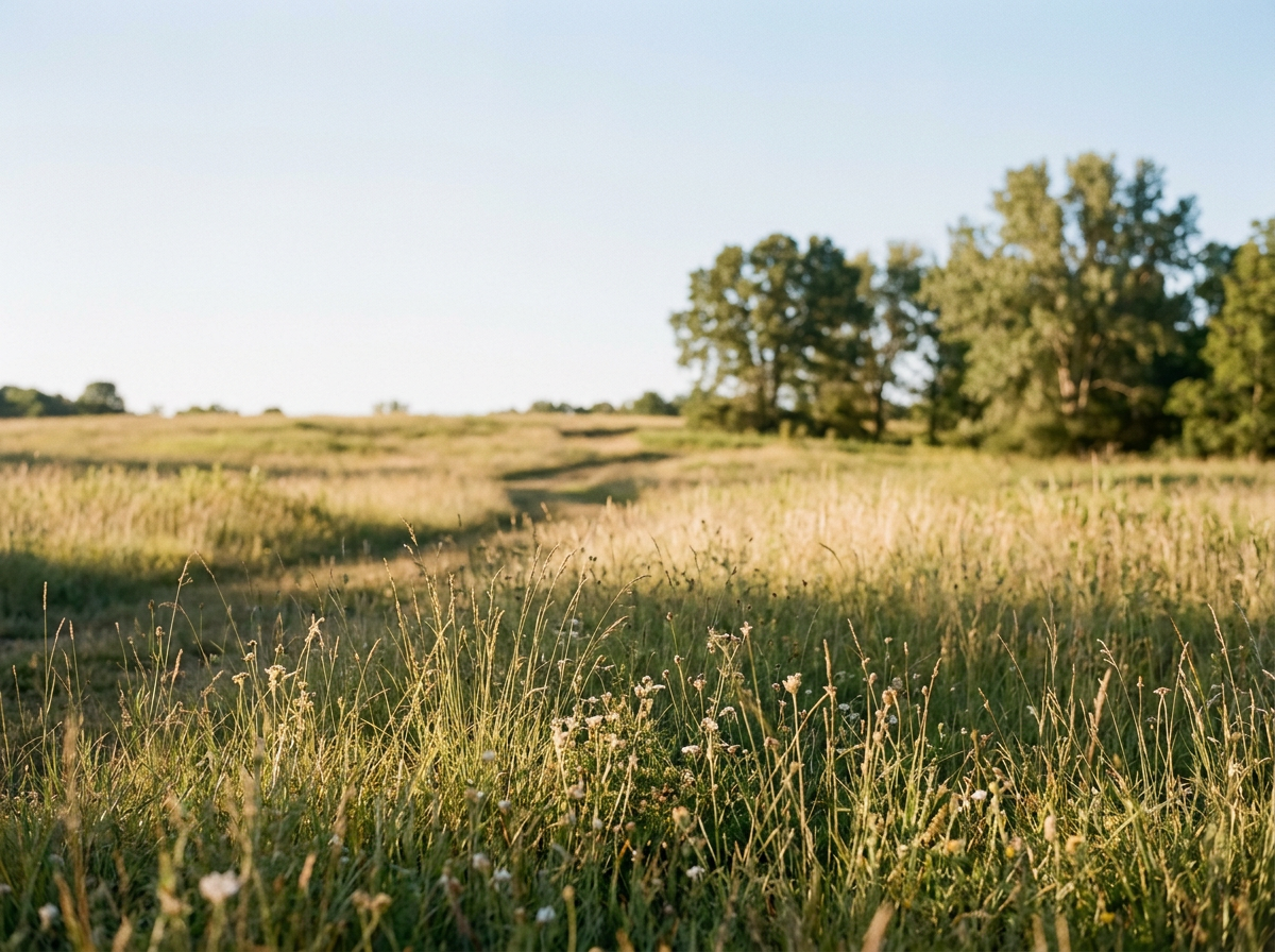 Open grassy field with wildflowers and a dirt trail leading to a cluster of trees in the distance under a clear sky.