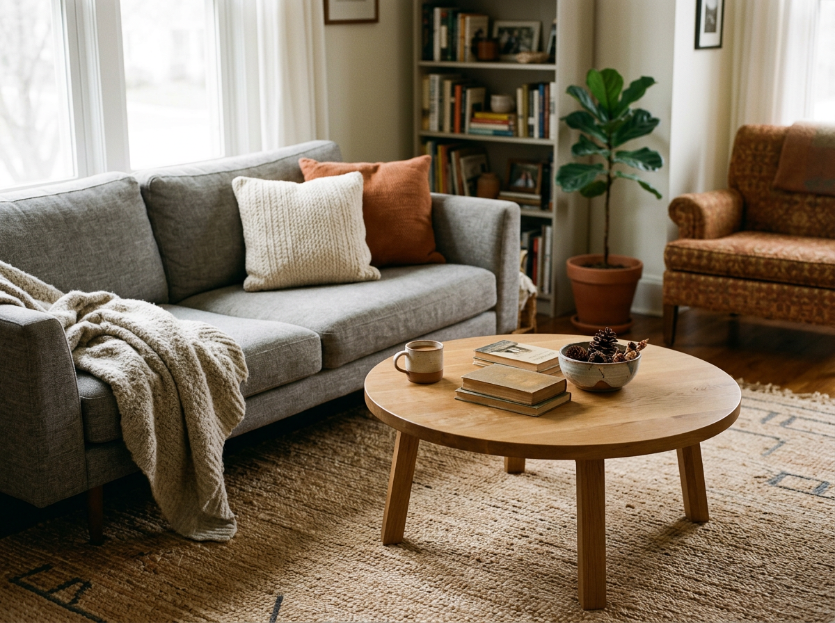 Cozy living room with gray sofa, beige and rust pillows, cream blanket, round wooden coffee table with books, a mug, and a bowl of pinecones, bookshelf with books, potted plant, and armchair with pattern fabric.
