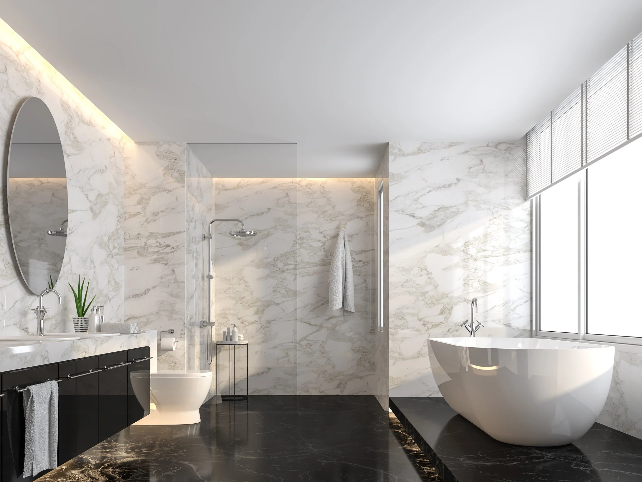 Modern bathroom with marble walls, black marble flooring, a freestanding bathtub near large windows, a double sink vanity with a mirror, and a walk-in shower with glass enclosure.
