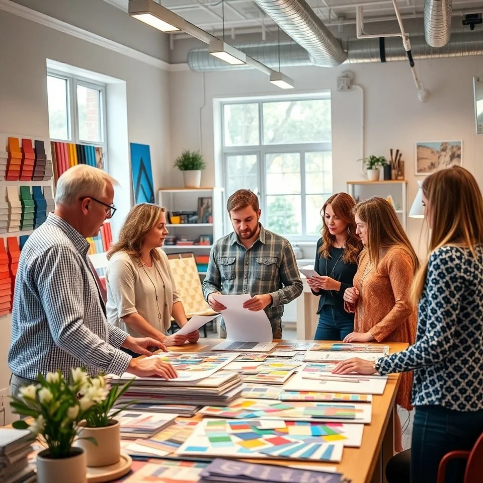 Six people gathered around a table discussing design samples, with color palettes and fabric samples spread across the table in a bright, modern office or studio.