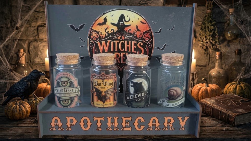 Handmade Halloween Apothecary Tabletop Display Set with 4 Custom Potion Bottles