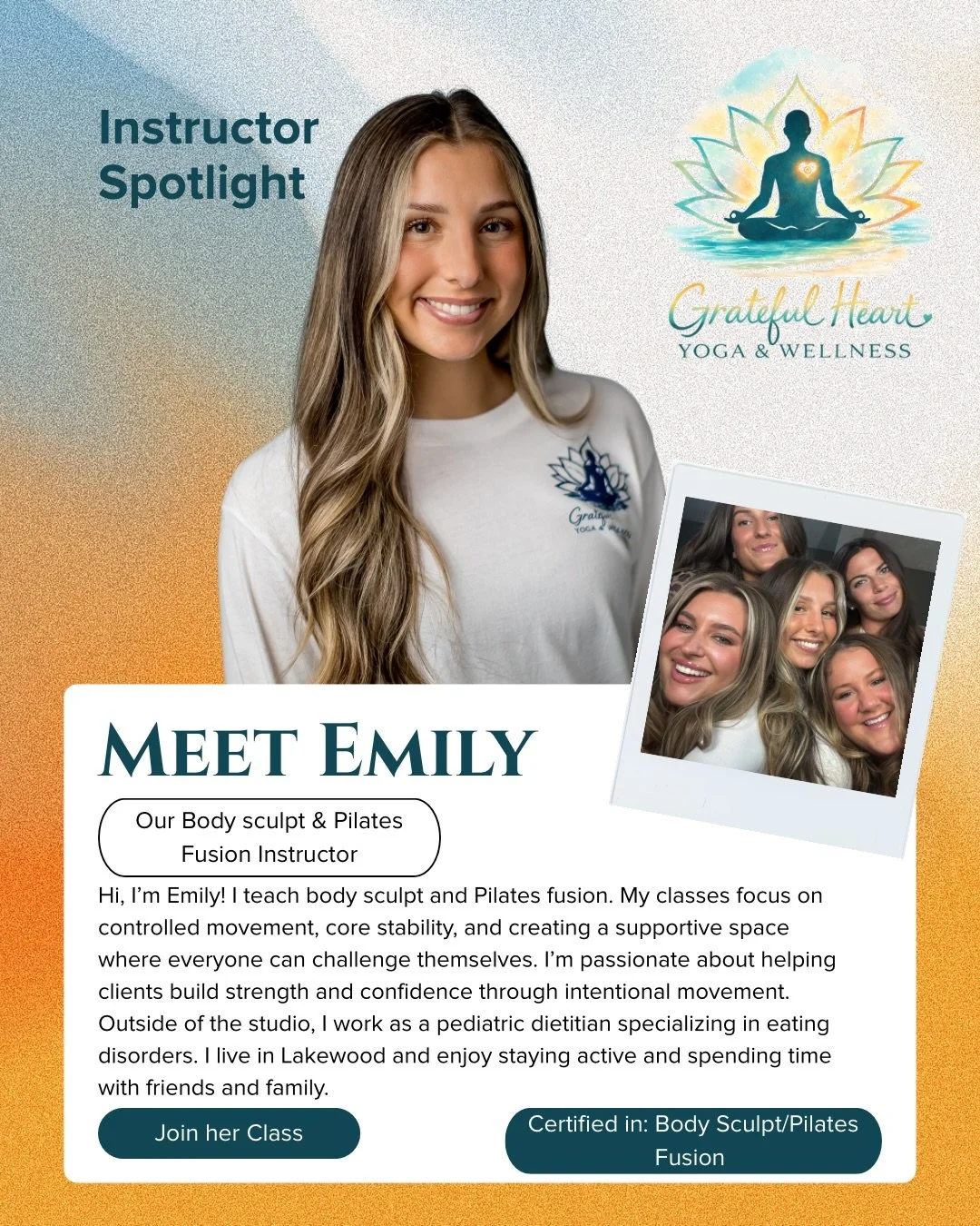 Meet Emily ✨

Emily, who is also a dietitian, will be teaching our body sculpt and Pilates fusion classes! 

In her free time she enjoys getting her daily 10,000 steps in, going to the beach, and enjoying her favorite food&hellip;.sushi! 🍣 

One of 