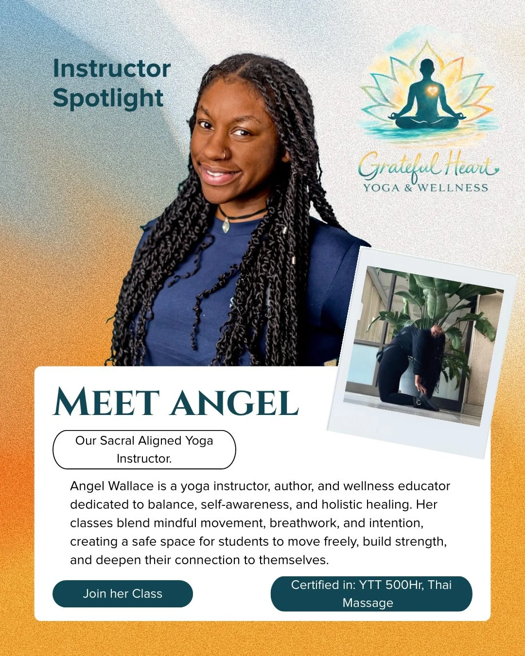 Meet Angel! ✨

Angel Wallace is a yoga instructor, author, and wellness educator passionate about guiding others toward balance, self-awareness, and holistic healing. Her teaching style integrates mindful movement, breath work, and intentional practi