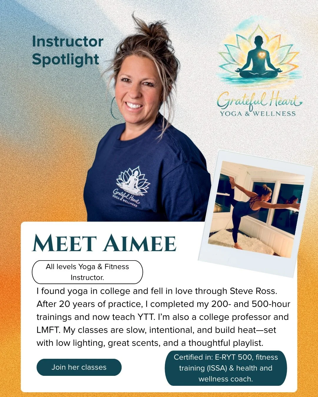 Meet Aimee ✨

&ldquo;I found yoga in college- I knew something was there, but I sort of put it to the back of my mind for a bit. 

A few years later I bought some yoga VHS tapes. Steve Ross on &lsquo;Inhale with Steve Ross&rsquo; (on Oxygen channel 9