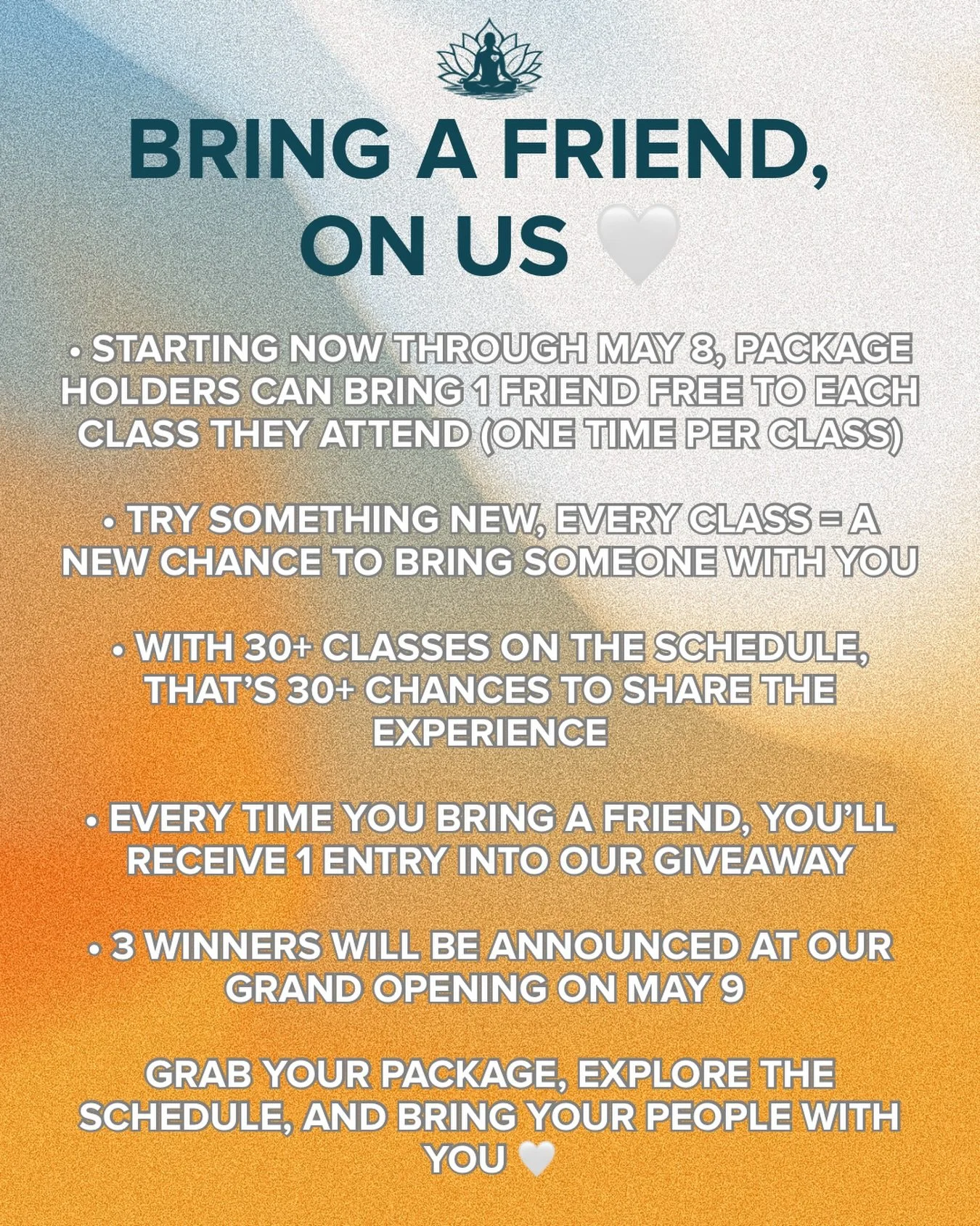 This is your sign to stop coming to class alone 🤍

Starting now through May 8th, anyone who has or purchases a class package can bring one friend/family member to each class they attend (one time per class). 

Here&rsquo;s the simple breakdown: Come