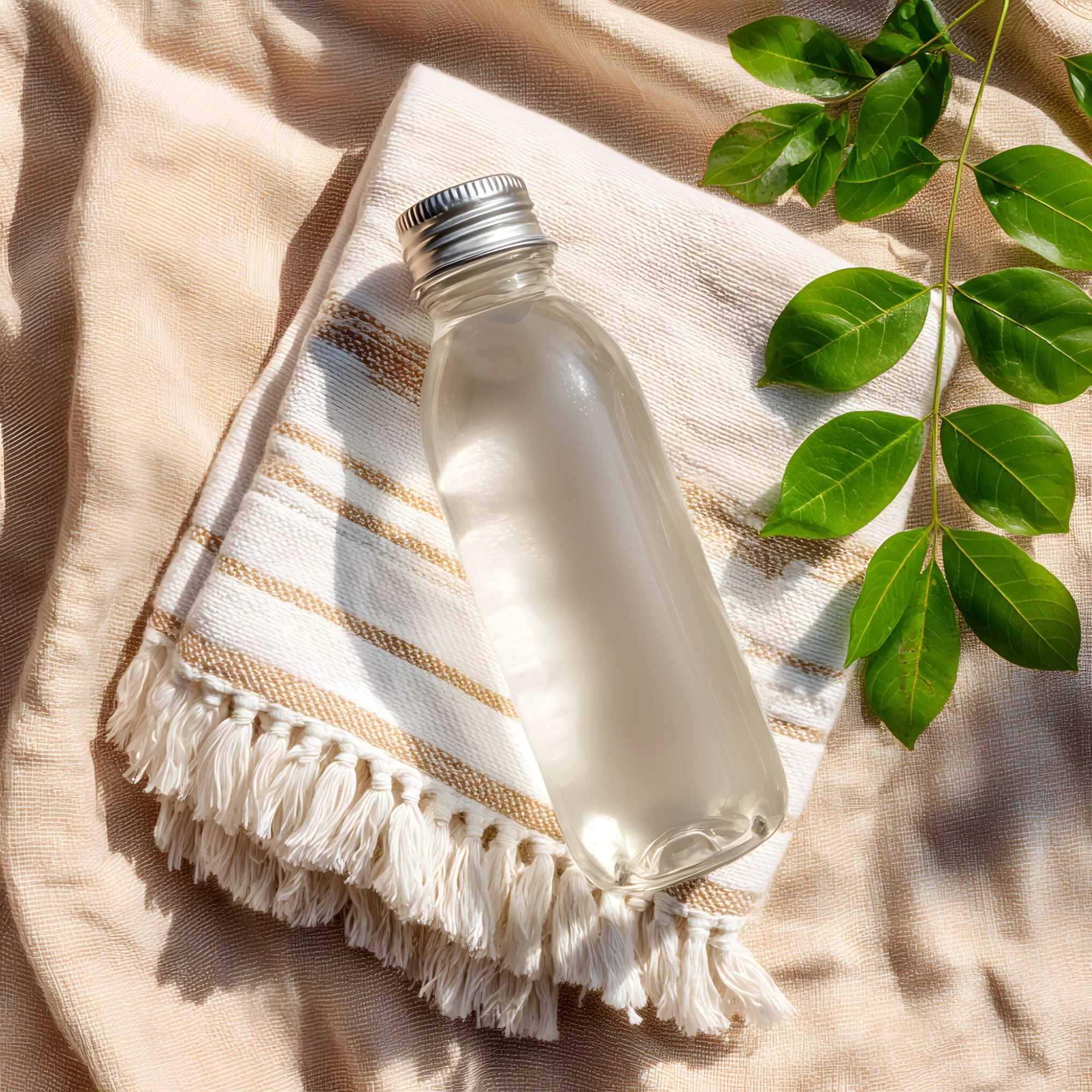 A clear glass bottle with a silver cap lies on a striped white and beige cloth, with a green leafy branch beside it on a textured beige fabric background.