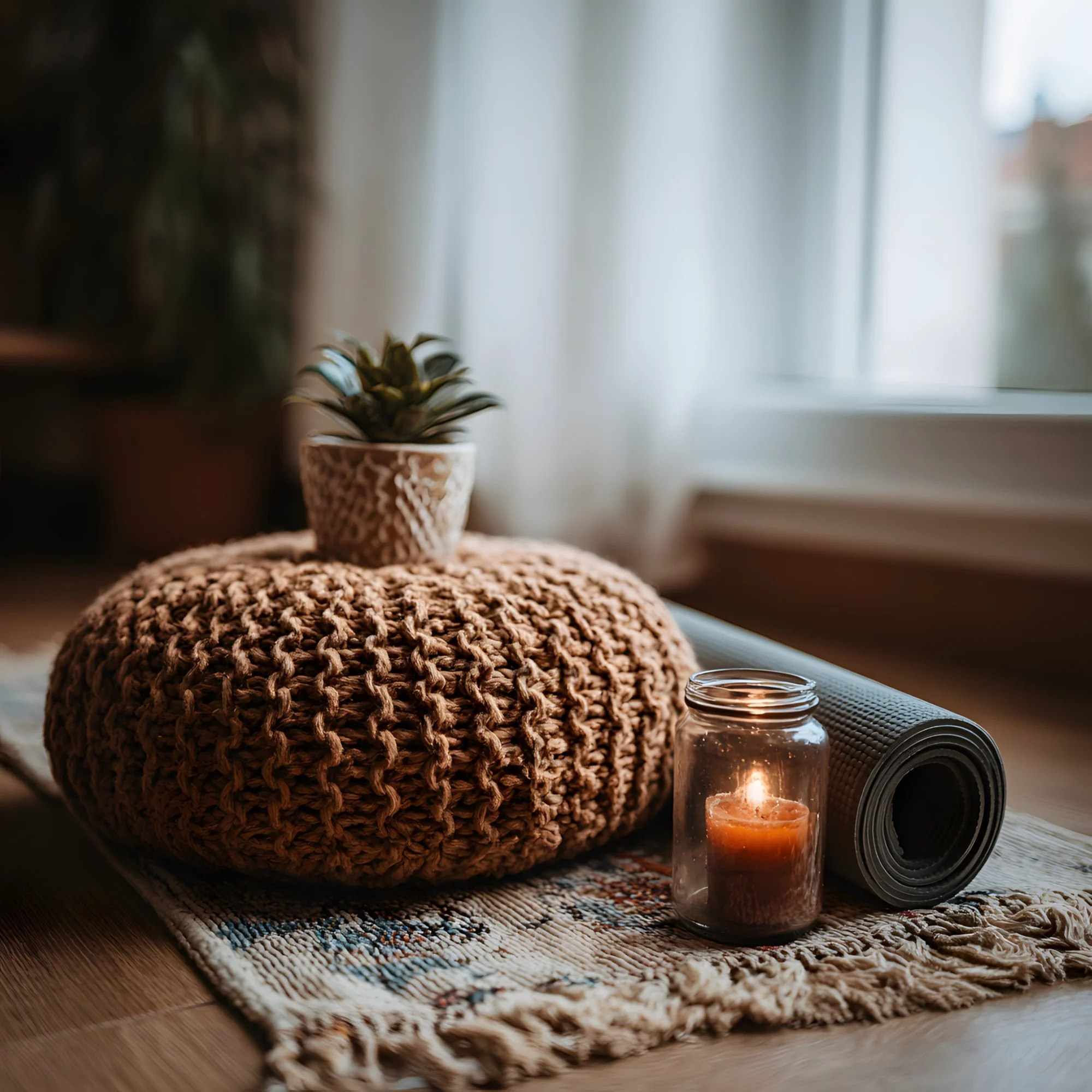 A cozy yoga or meditation setup with a rolled yoga mat, a knitted pouf, a candle in a glass jar, a small potted plant, and a decorative rug near a window with sheer curtains.