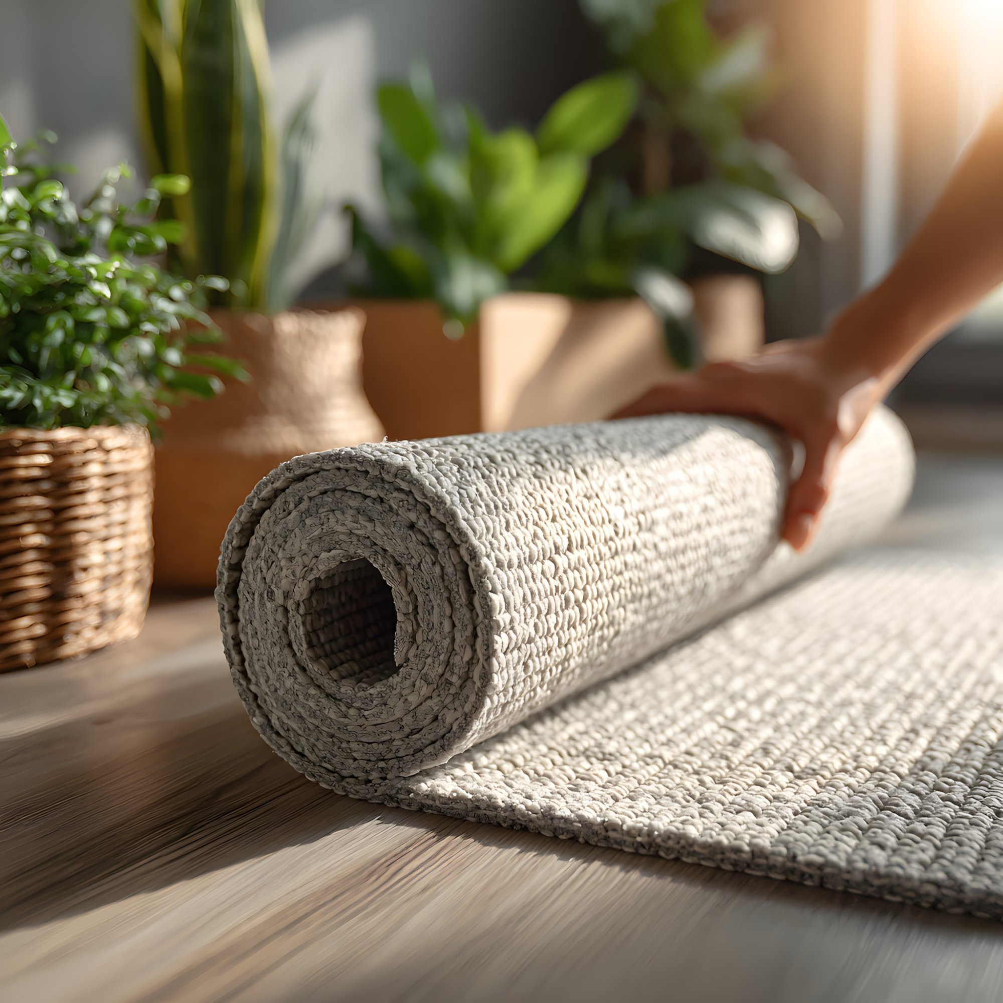 Close-up of a rolled gray rug being unrolled on a wooden floor, with potted plants in the background.