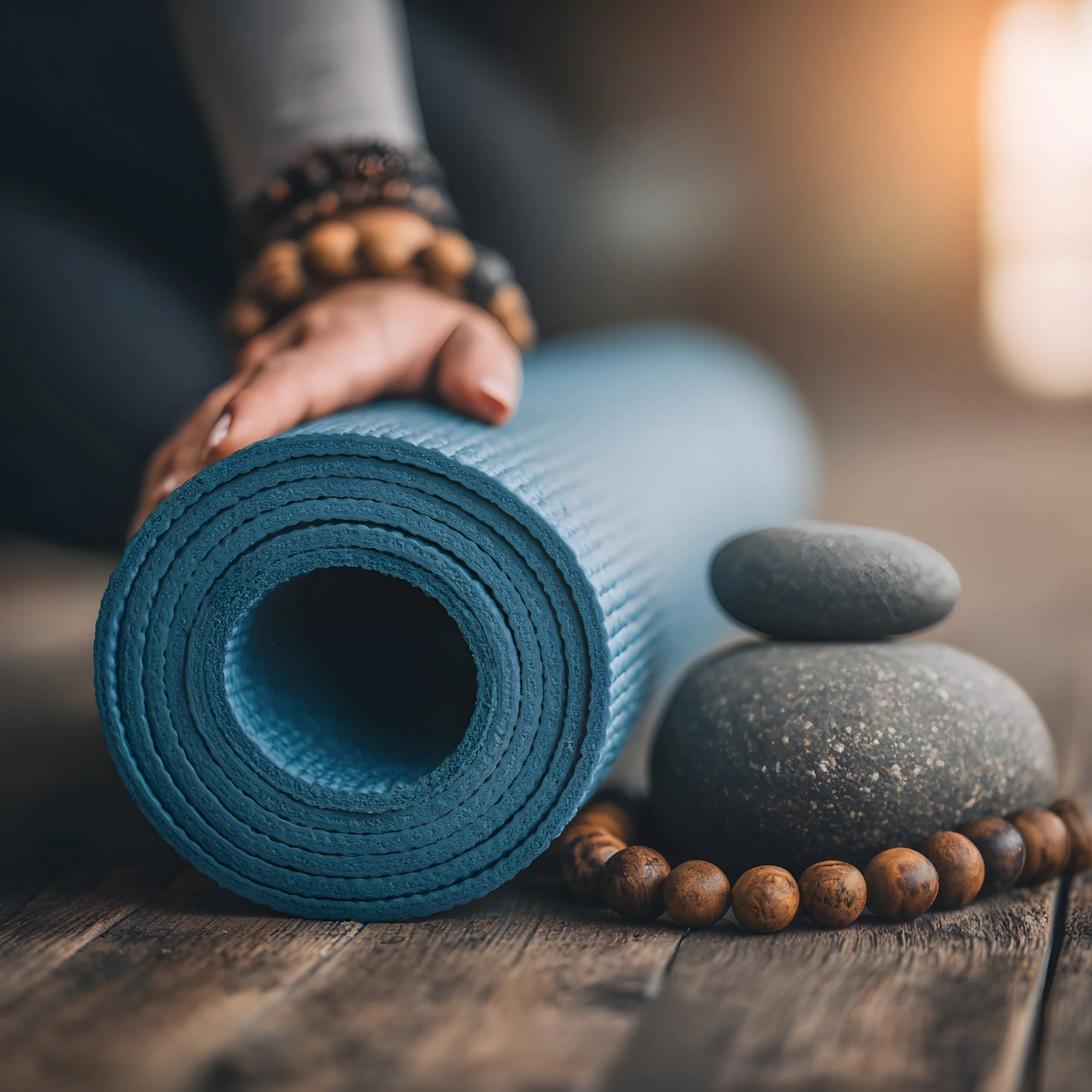 A rolled-up blue yoga mat on a wooden floor, with a balanced stack of rocks and a beaded necklace nearby, in a calming, natural setting.