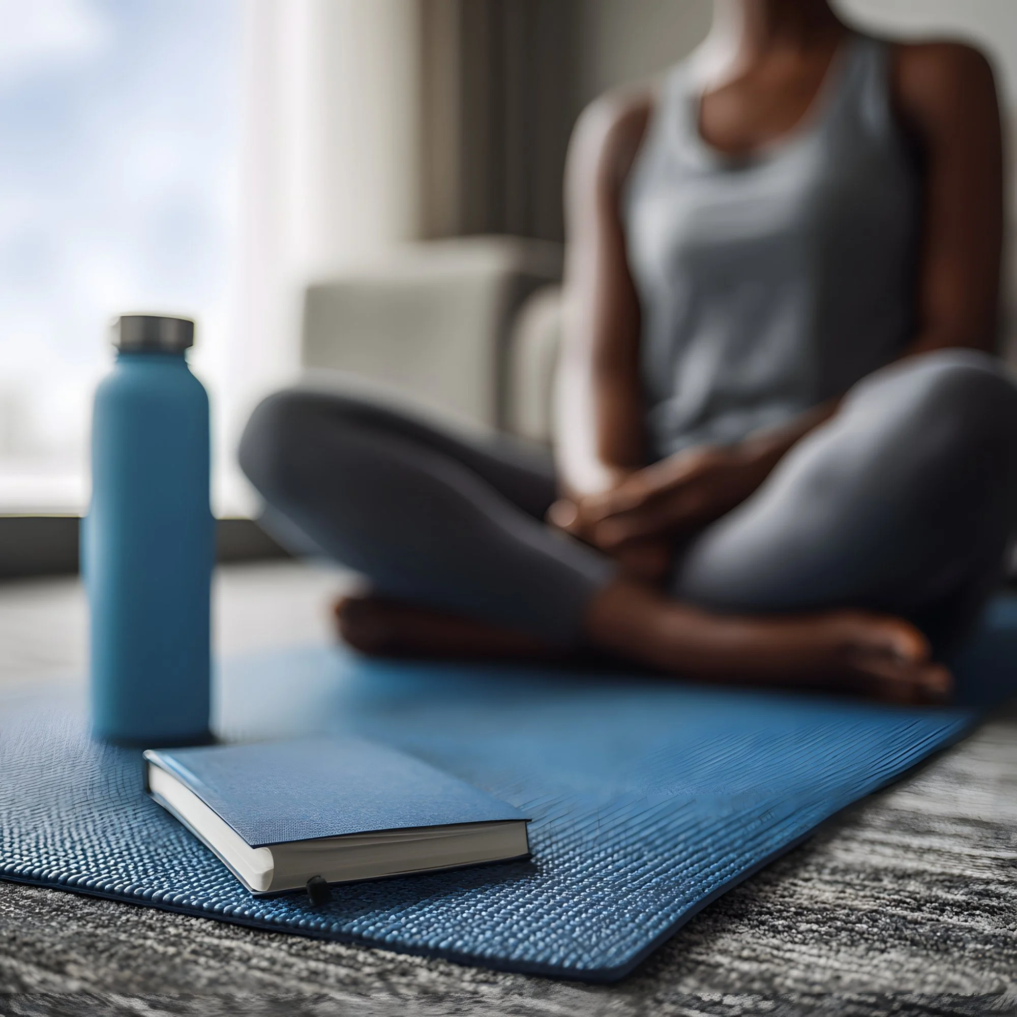 Close-up of a blue water bottle and notebook on a blue yoga mat, with a woman sitting cross-legged in the background in front of a window.