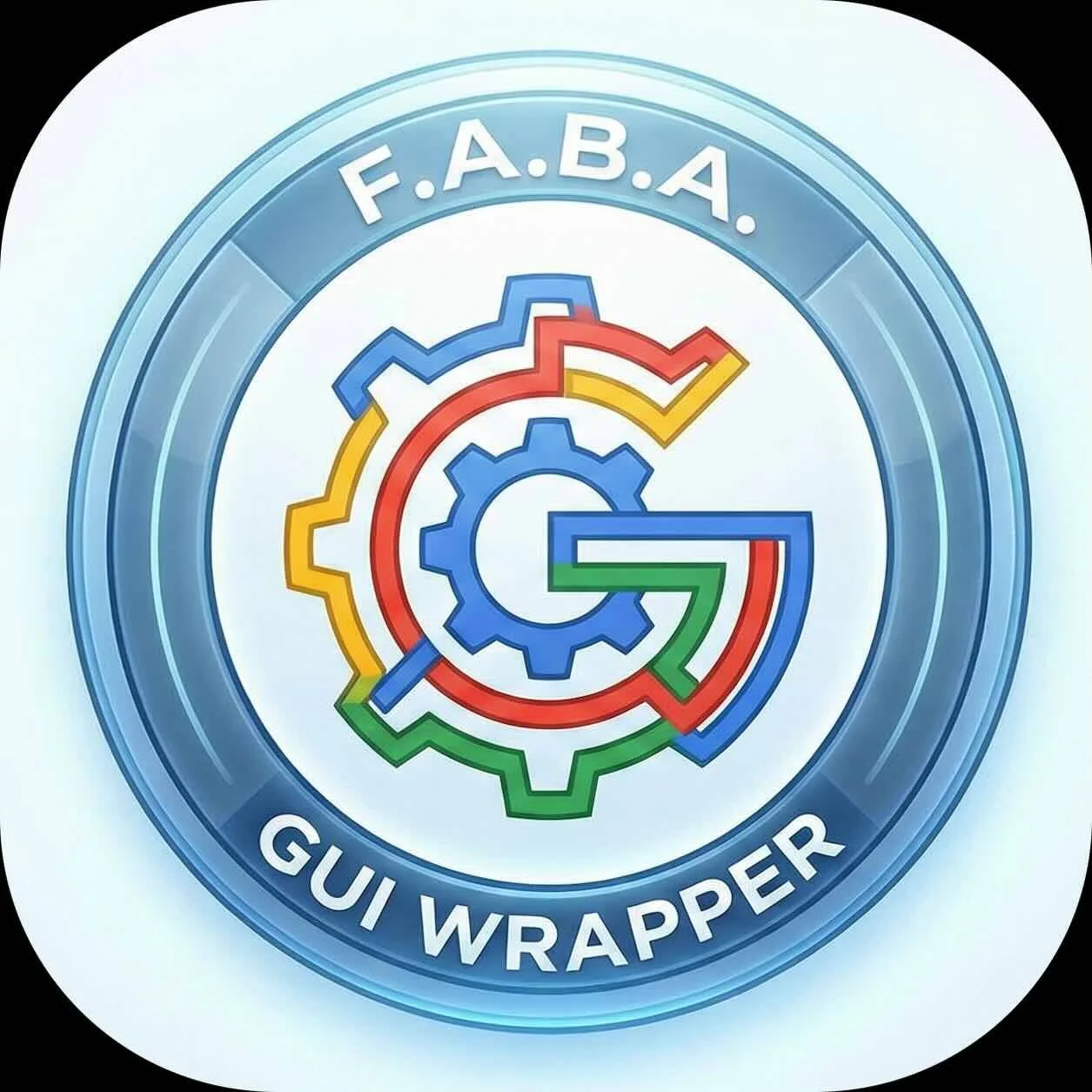 Google GUI Wrappers logo with gears in red, blue, yellow, and green, and the text 'F.A.B.A.' at the top and 'GUI WRAPPER' at the bottom.