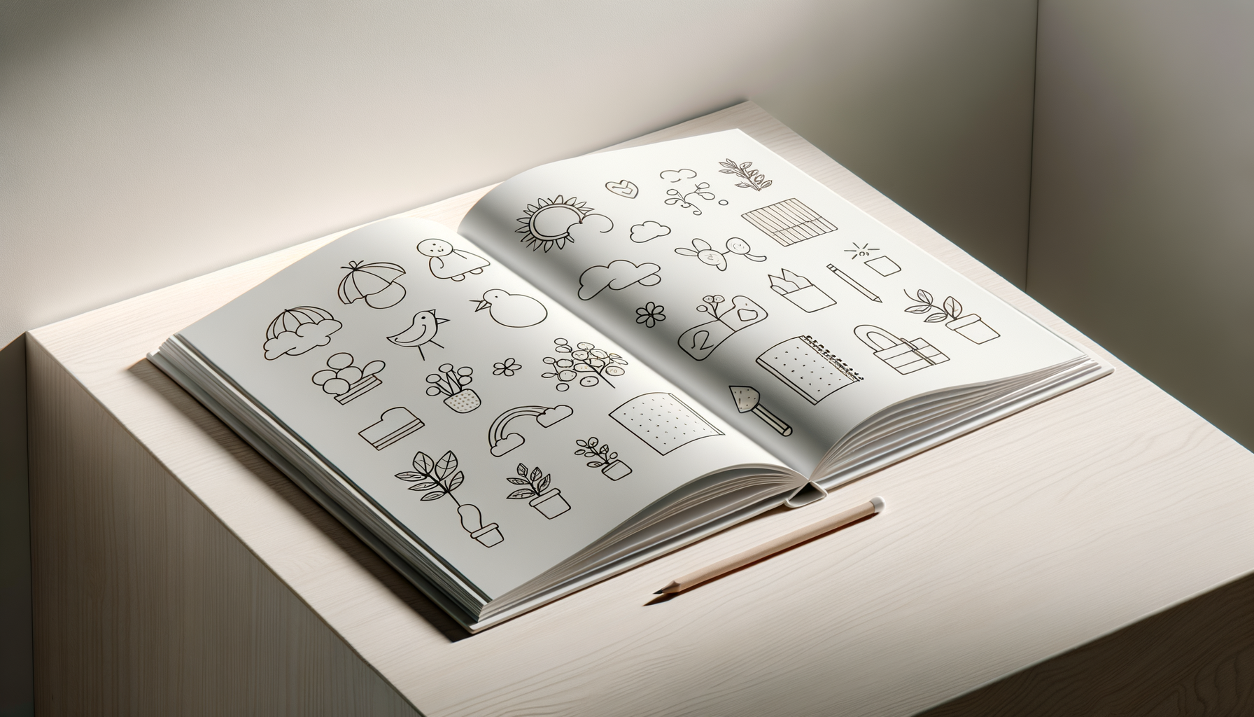 An open sketchbook on a white wooden table contains hand-drawn doodles of outdoor scene elements like clouds, sun, rainbows, plants, and various objects, with a pencil resting beside it.