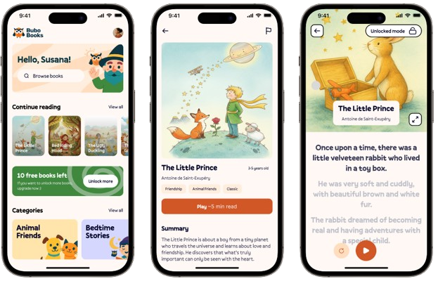 Screenshots of a mobile app called Bubo Books, displaying a children's story titled 'The Little Prince' by Antoine de Saint-Exupéry. The screens show the app's main page, the story's cover image with a spaceship and a boy, and a reading interface with the story's text and illustrations of a teddy bear and a rabbit.