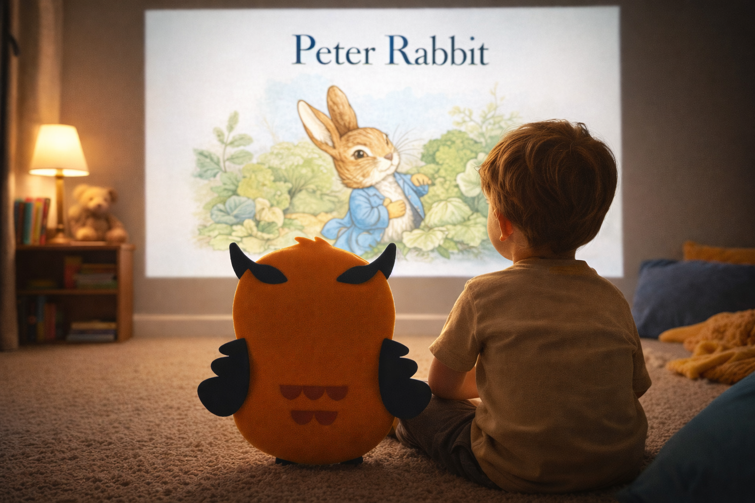 A boy sitting on the carpet in a dimly lit room, watching a projection of the book cover 'Peter Rabbit' with an illustration of Peter Rabbit in a blue jacket surrounded by greenery.