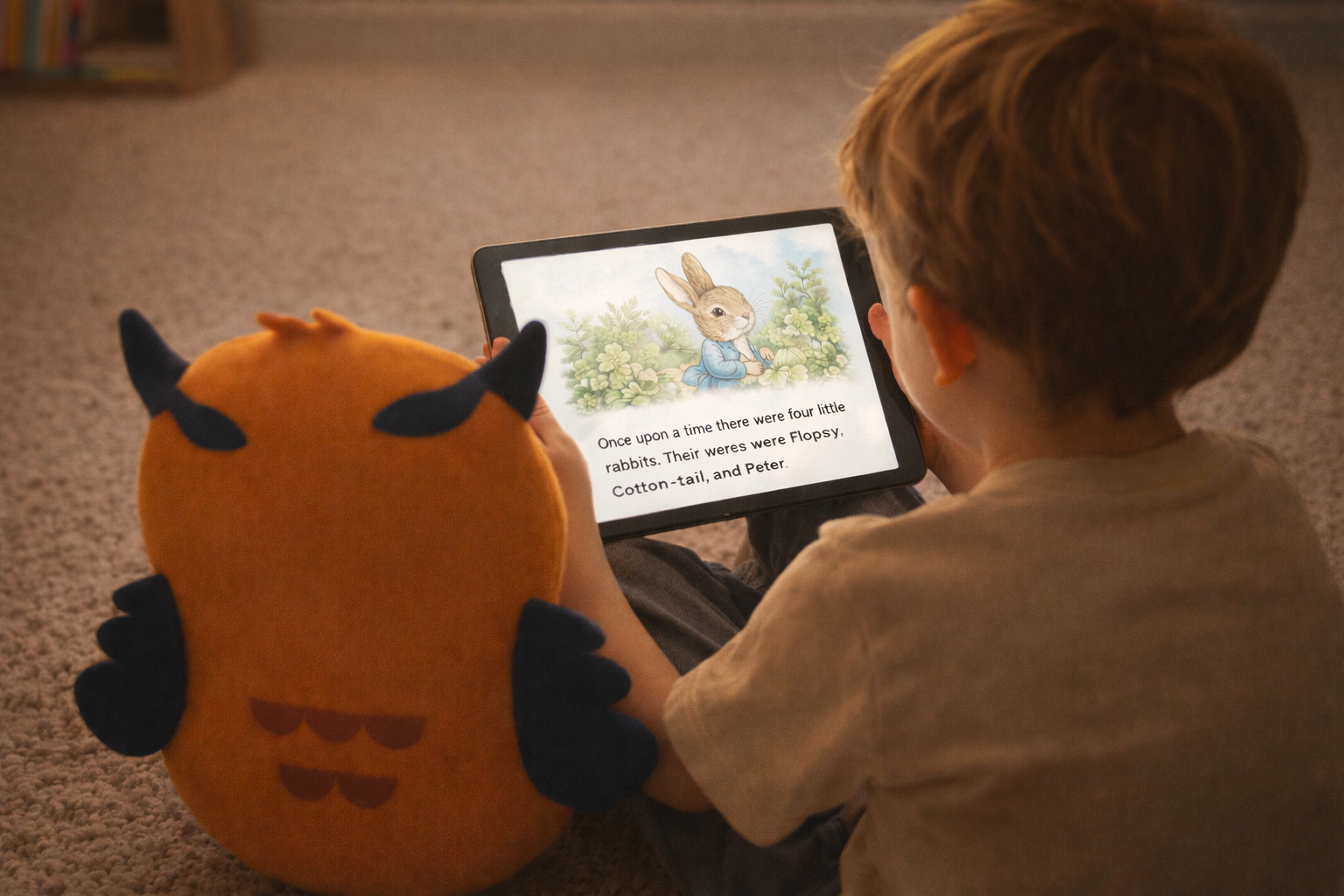 A boy watching a digital storybook about rabbits titled 'Once upon a time there were four little rabbits. Their names were Flopsy, Cotton-tail, and Peter.' seated on a carpeted floor with a plush hedgehog-shaped pillow nearby.