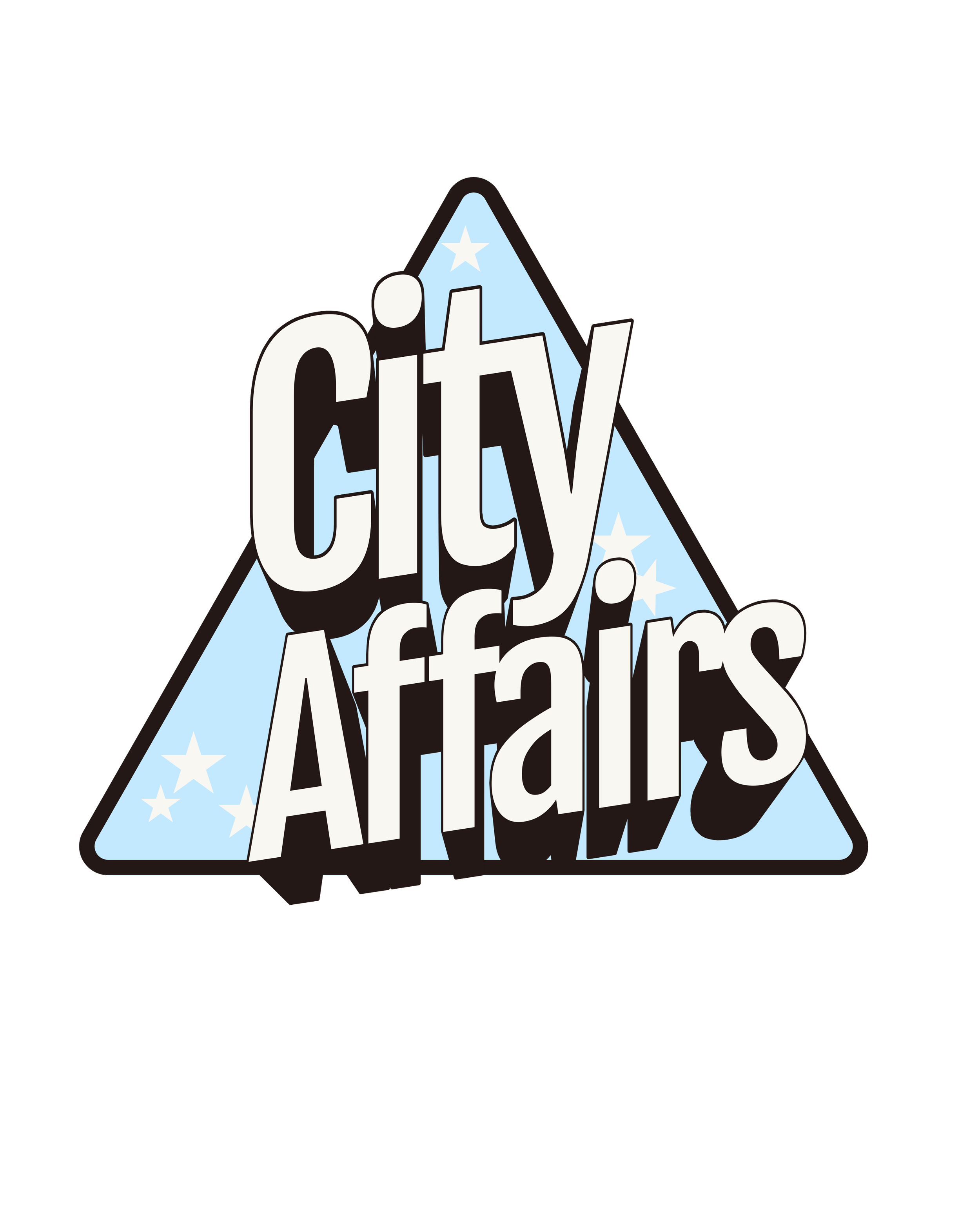 Text in a blue triangle with white stars says 'City Affirms' in stylized font.