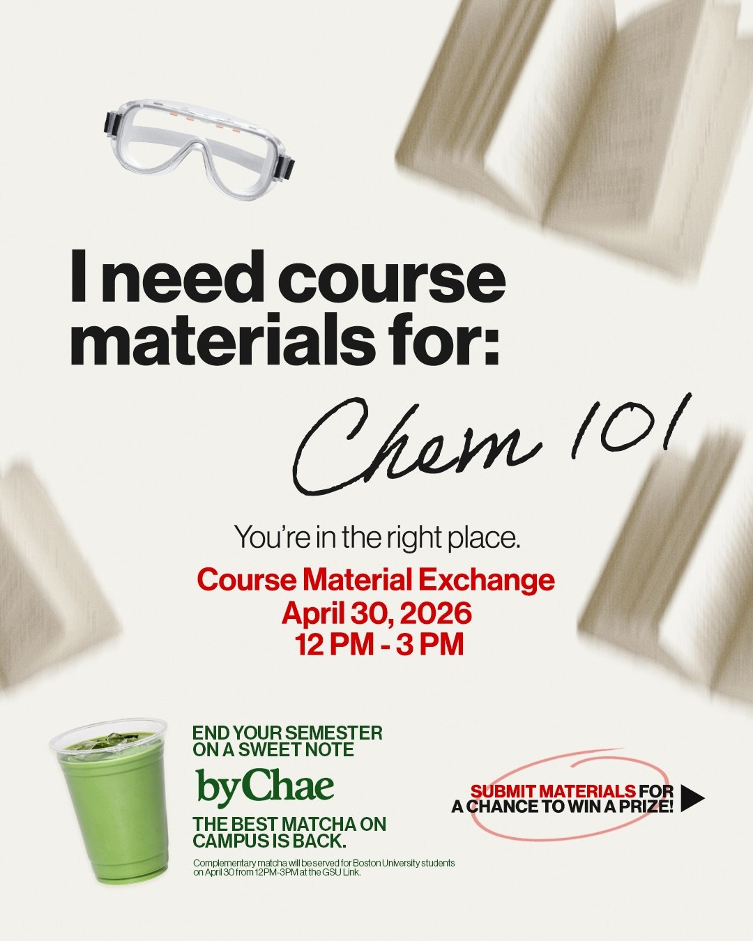 END YOUR SEMESTER ON A SWEET NOTE AND WIN BIG 🍵‼️

Join BU Student Government&rsquo;s Academic Affairs department in collaboration with @bychaeofficial for one of our largest academic events to date: Course Material Exchange! 📕📖📚

Don&rsquo;t thr