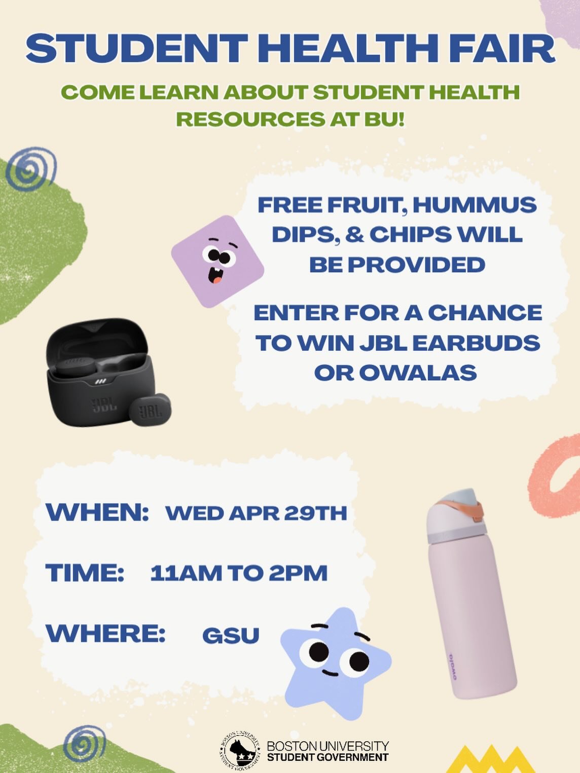 Join us at the Student Health Fair🌀 on April 29th from 11AM-2PM in the GSU where you can have a chance to win a FREE OWALA⭐️ or JBL EARBUDS🎶 

If you&rsquo;re in the mood to snack, there will also be complimentary fruit, hummus, dips, and chips😋

