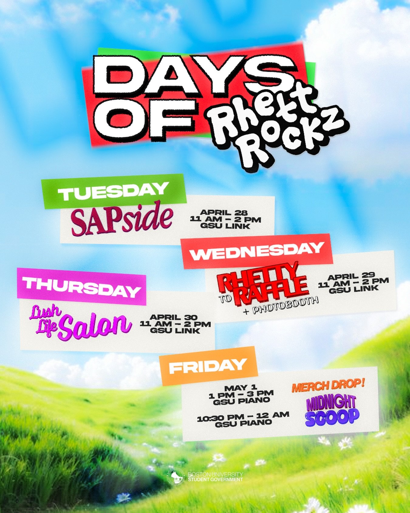 🌺 INTRODUCING DAYS OF RHETTROCKZ 🐬 presented by Boston University Student Government Engagement, Sexual Assault Prevention, City Affairs &amp; Campus Activities Board departments! ✨

Join us beginning Tuesday, April 28 to countdown the final days b