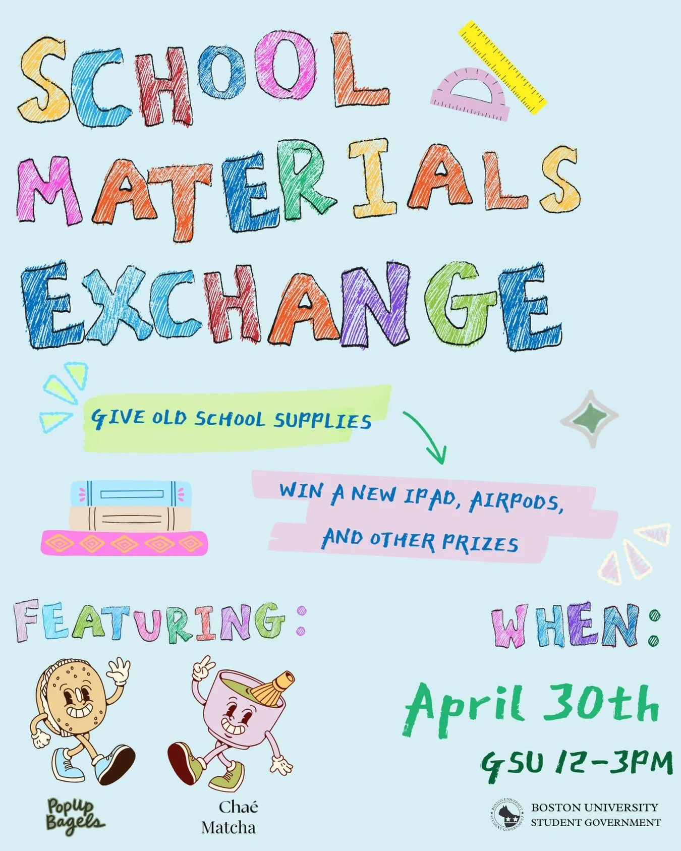DON&rsquo;T MISS OUT ‼️‼️ Join us in our end-of-the-year School Materials Exchange where you can have a chance to win a 💰FREE IPAD, AIRPODS, AND MORE (including an air fryer and TV!) 💰 over FREE treats from @bychaeofficial and @popupbagels. Bring a