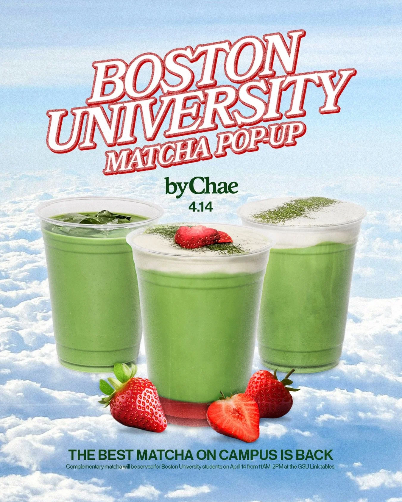 The best matcha on campus is BACK! 🍵

This Tuesday, we&rsquo;ll be teaming up with @bychaeofficial to bring you three delicious matcha varieties, served exclusively for BU students. Join us at the GSU Link on Tuesday, April 14 from 11AM-2PM. 

Don&r
