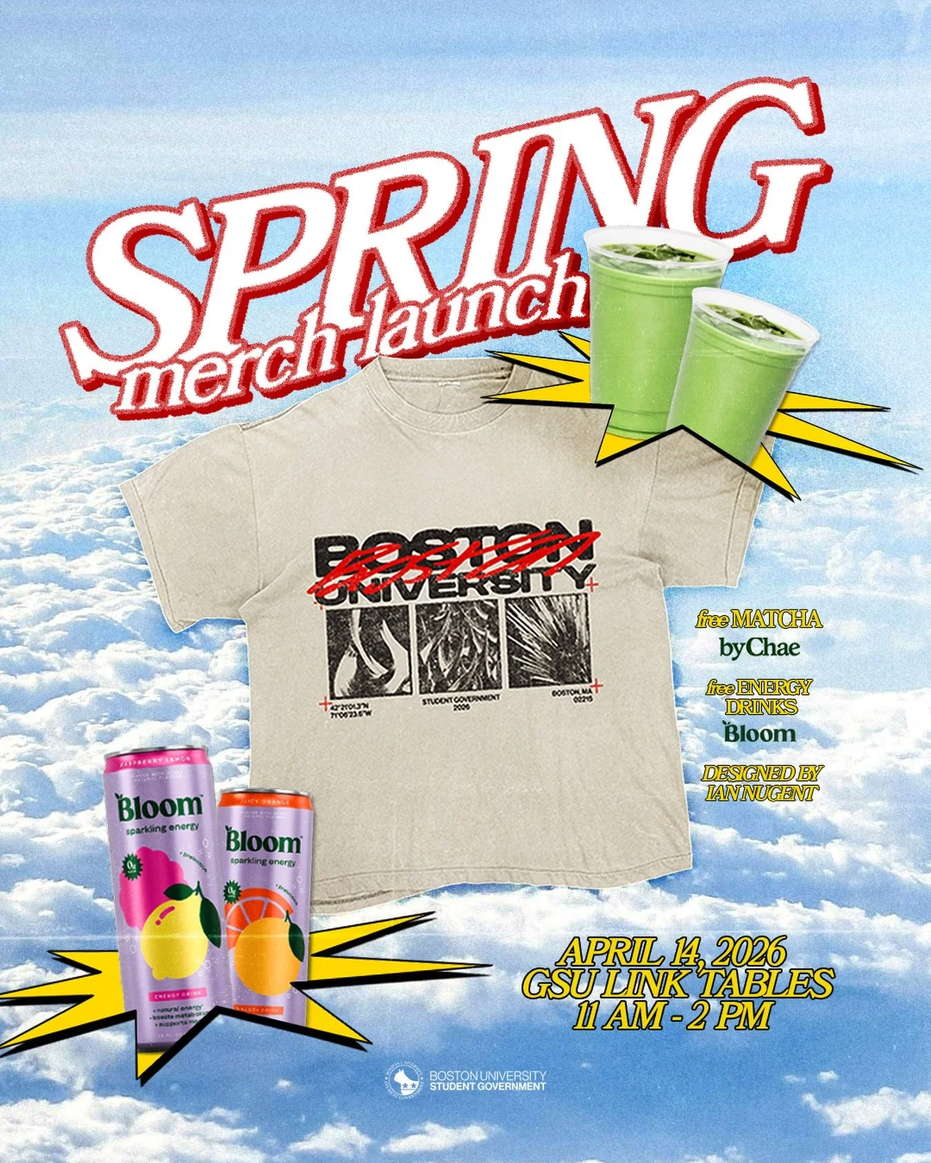 Back by popular demand! The Engagement department will be launching the spring edition of limited edition student government t-shirts as well as free matcha @bychaeofficial &amp; free @bloomsupps! Come stop by and win free merch and grab a midterm pi