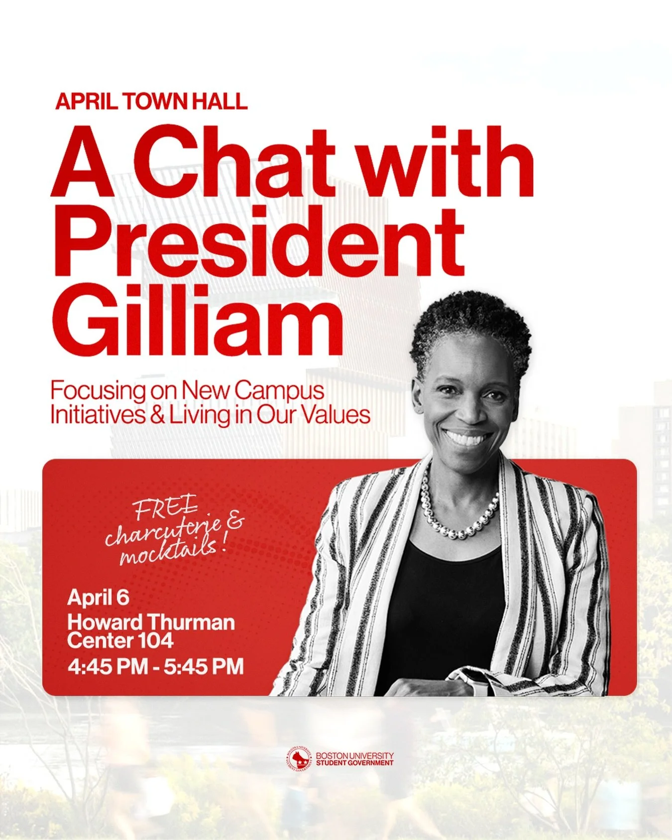 CULMINATING OUR TOWN HALL SERIES 🥁 BU Student Government&rsquo;s Engagement is honored to be having @bostonu President Melissa L. Gilliam for the April edition of the Town Hall Series, focusing on new campus initiatives,  and her &ldquo;Living Our V