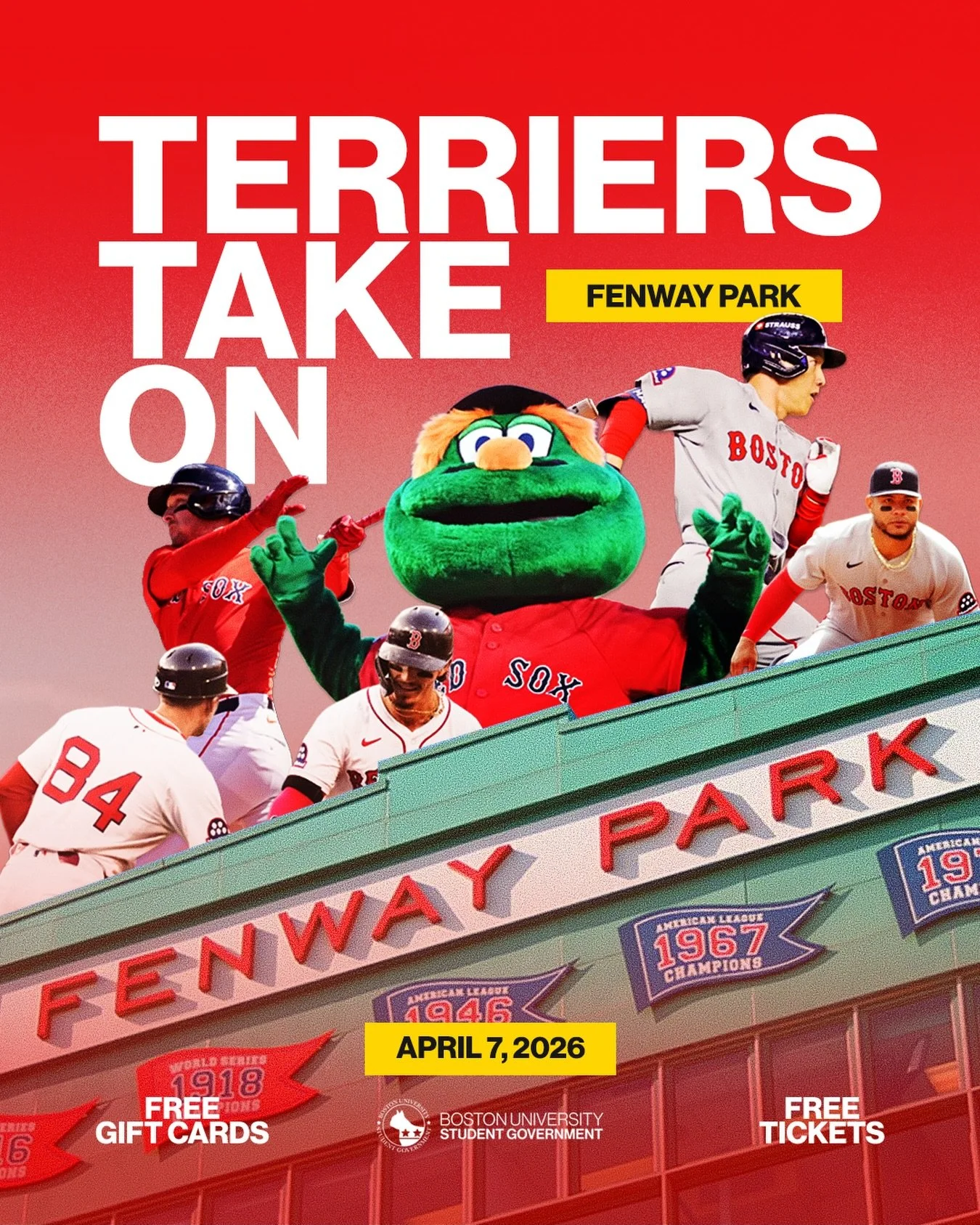 (ALL 100 TICKETS HAVE BEEN CLAIMED. WAITLIST AVAILABLE VIA LINK IN BIO.)

READY TO BE LOUD AND #proudtobu AT FENWAY PARK ⁉️ 

BU Student Government&rsquo;s City Affairs Department is bringing the energy with Terriers Take on Fenway!, and giving away 