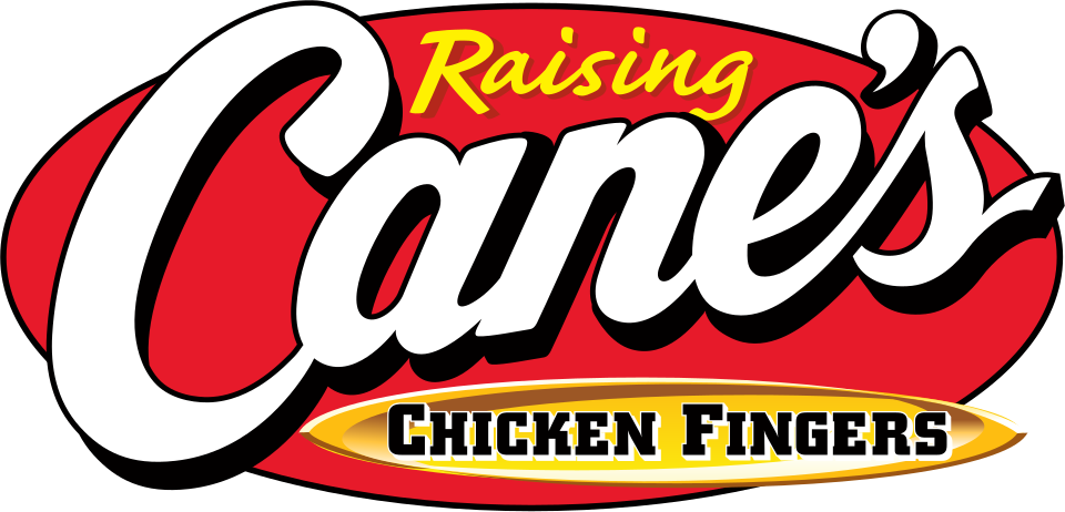 Logo for Raising Cane's Chicken Fingers featuring red, black, white, and yellow colors with the text 'Raising Cane's Chicken Fingers' and a stylized design.