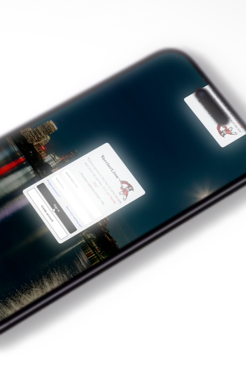 Smartphone screen showing a login page for the Terrier Line, with a city skyline background at night.