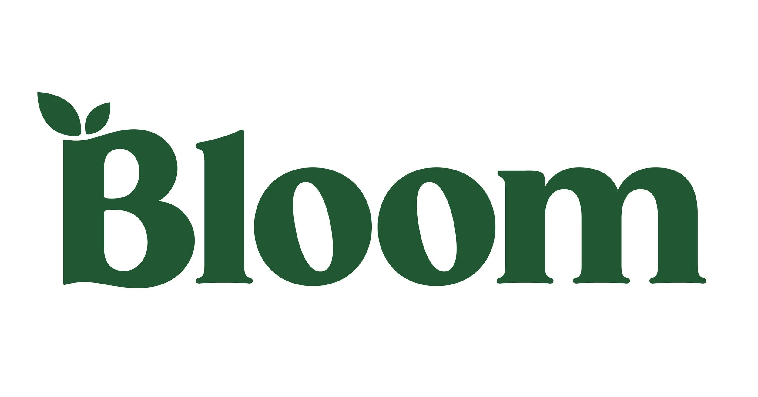 Green text spelling 'Bloom' with a leaf on top of the letter 'B'.
