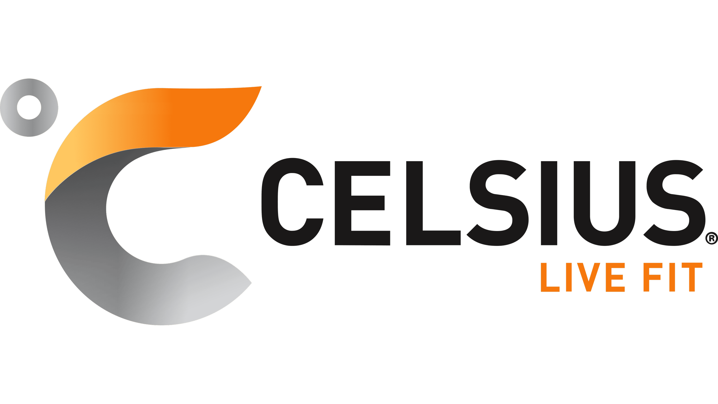 CELSIUS LIVE FIT logo in black, orange, gray, and green colors.