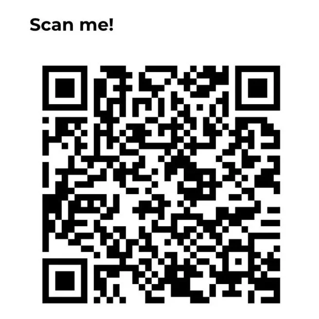 A QR code with the text "Scan me!" above it.