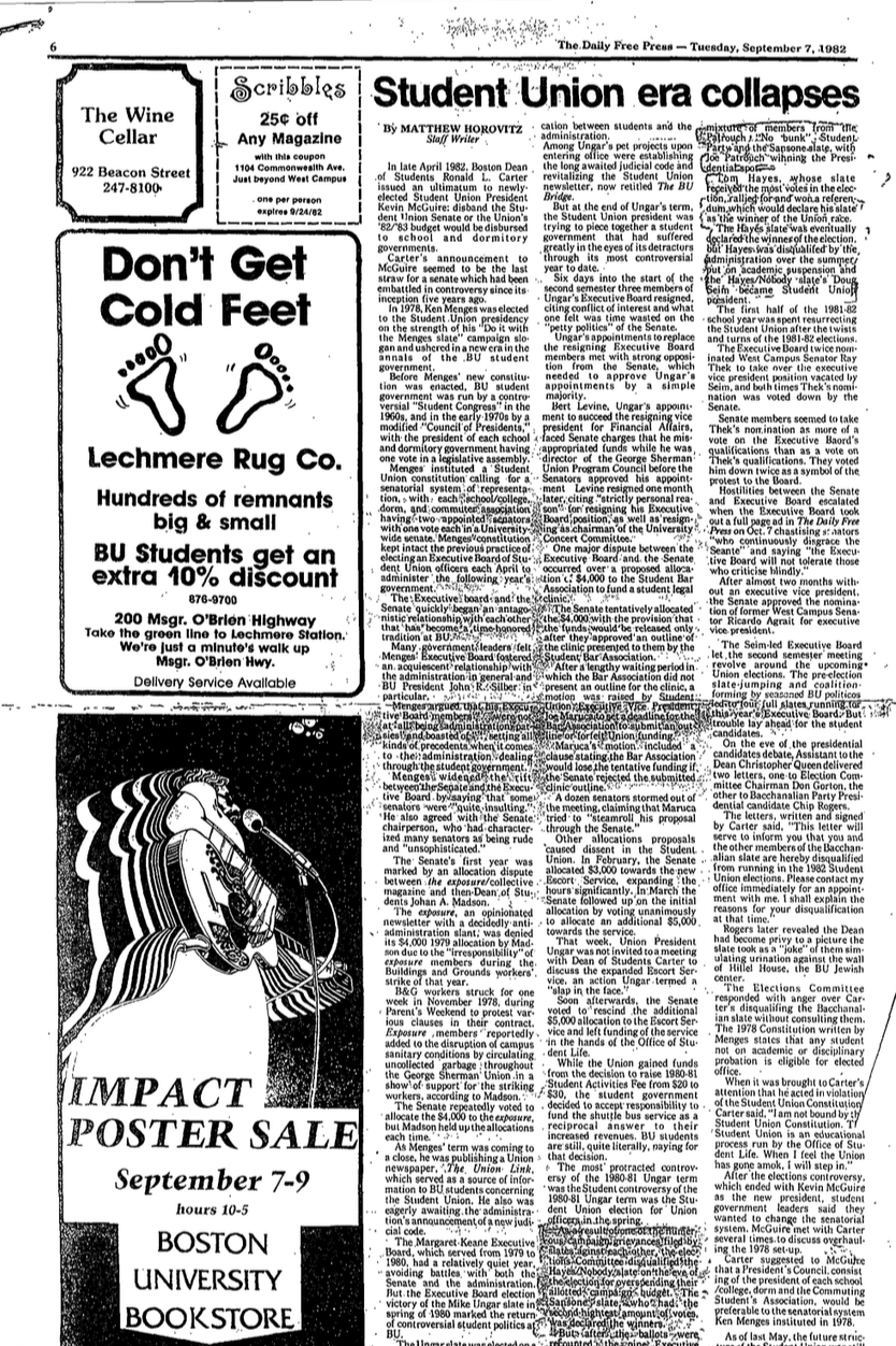 An old newspaper page from 'The Daily Free Press' dated Tuesday, September 7, 1982. It features an article about the collapse of the Student Union era, a large advertisement for a poster sale at Boston University, and a smaller ad for Lechmere Rug Co. The newspaper includes sections for Scribbles, a cartoon of a woman with a guitar promoting a poster sale event, and various news columns.