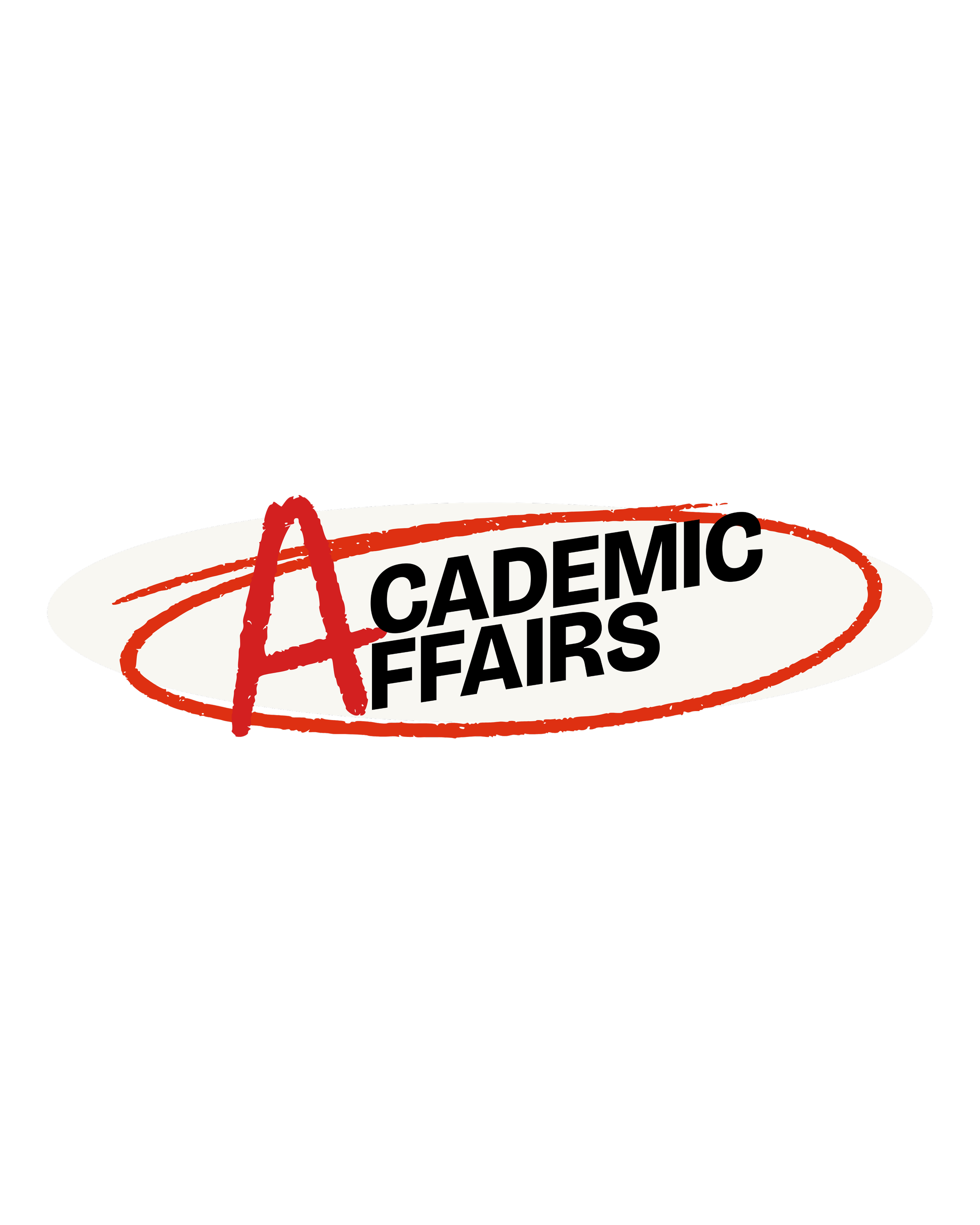 Close-up of a logo that reads "Academic Affairs" with a red circled A in the center.