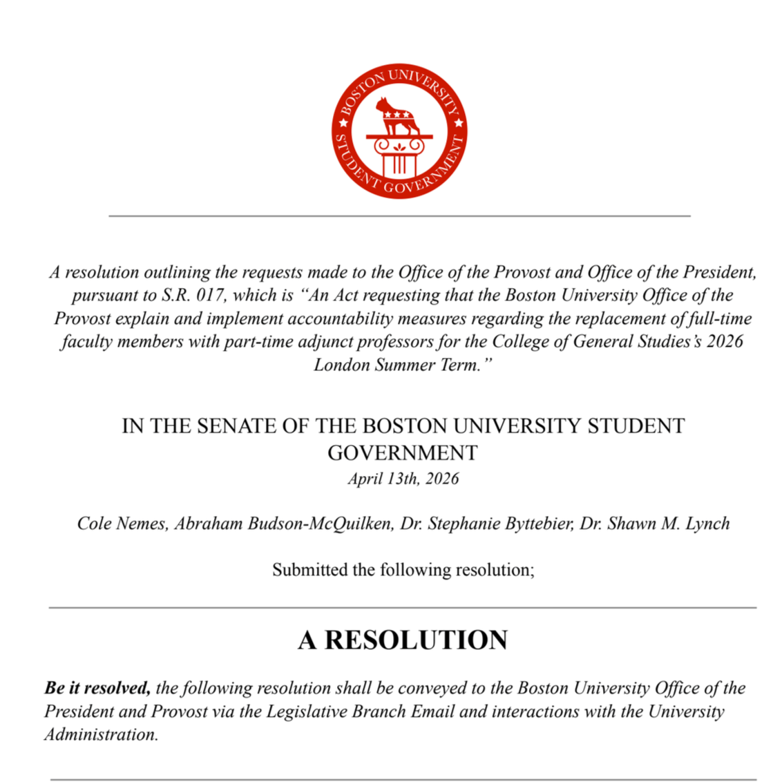Official document with the Boston University seal, outlining a student government resolution from April 13th, 2026, regarding accountability measures for faculty replacement in the College of General Studies.