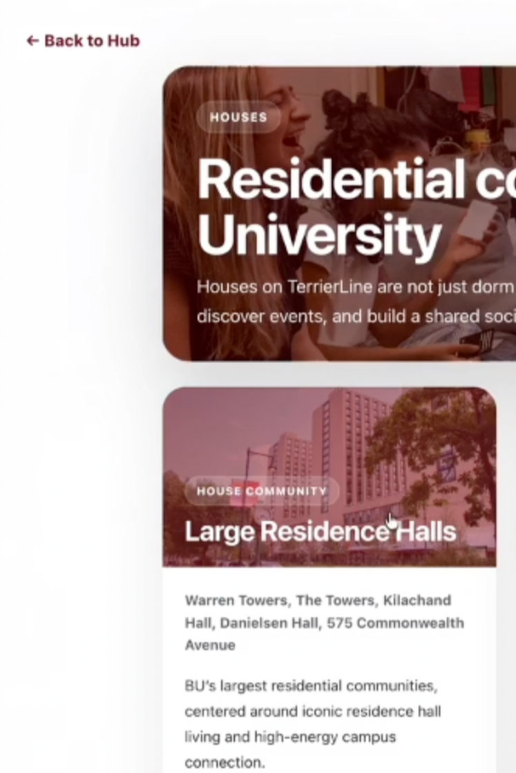 Screenshot of a university housing webpage featuring two sections: one for residential university houses with a background of students socializing, and another for large residence halls with a photo of tall buildings and trees.