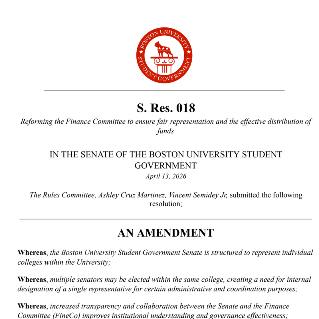 Official document from Boston University Student Government regarding a resolution to reform the finance committee, dated April 13, 2026.