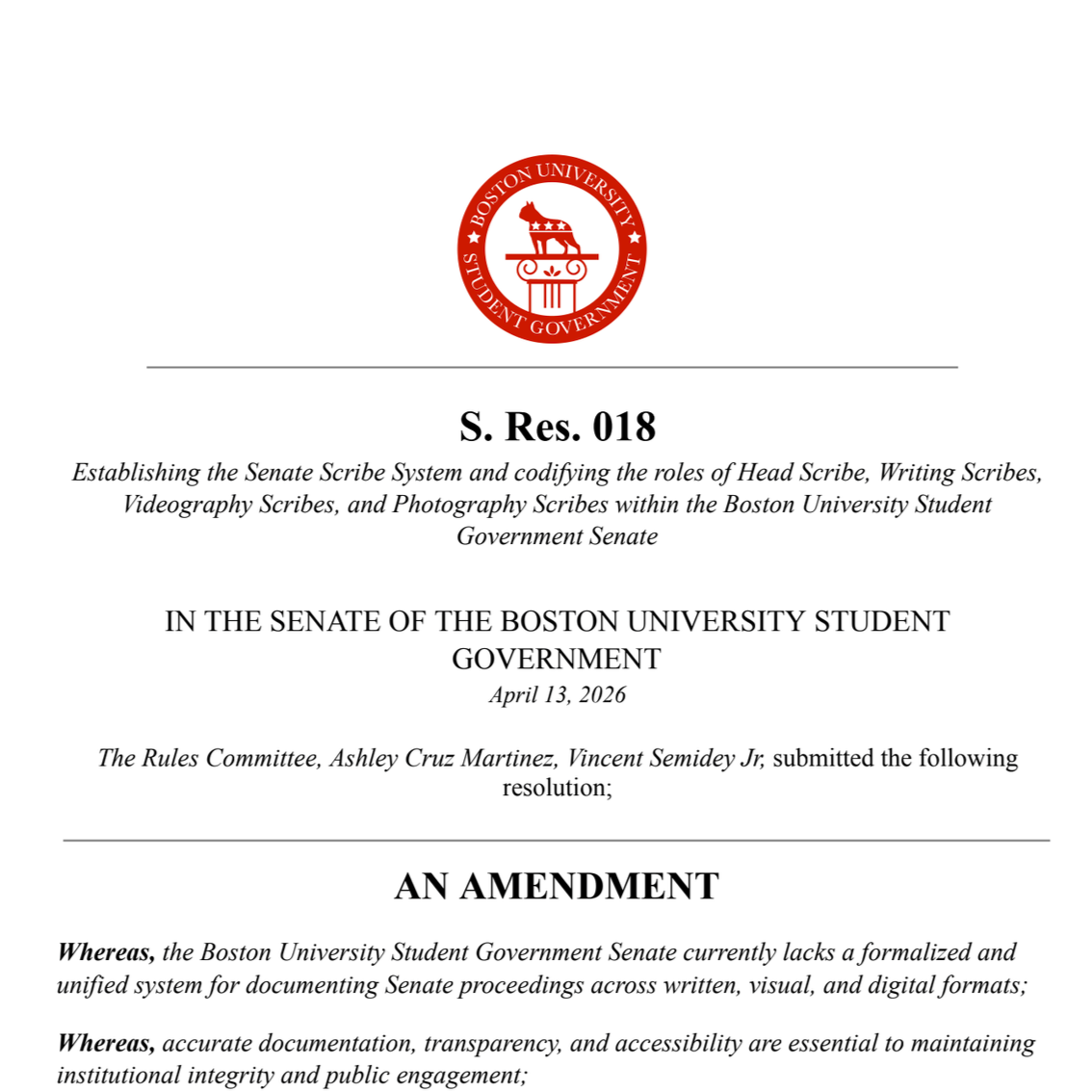 Official document from Boston University Student Government, titled 'Establishing the Senate Scribe System,' with date April 13, 2026, and a red Boston University logo at the top.