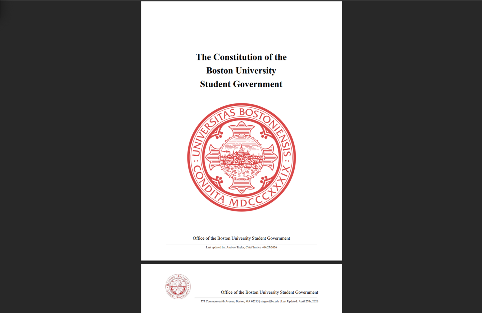 Cover page of a document titled 'The Constitution of the Boston University Student Government,' featuring the university's seal with a red border and Latin inscription, and additional information about the document and office at the bottom.