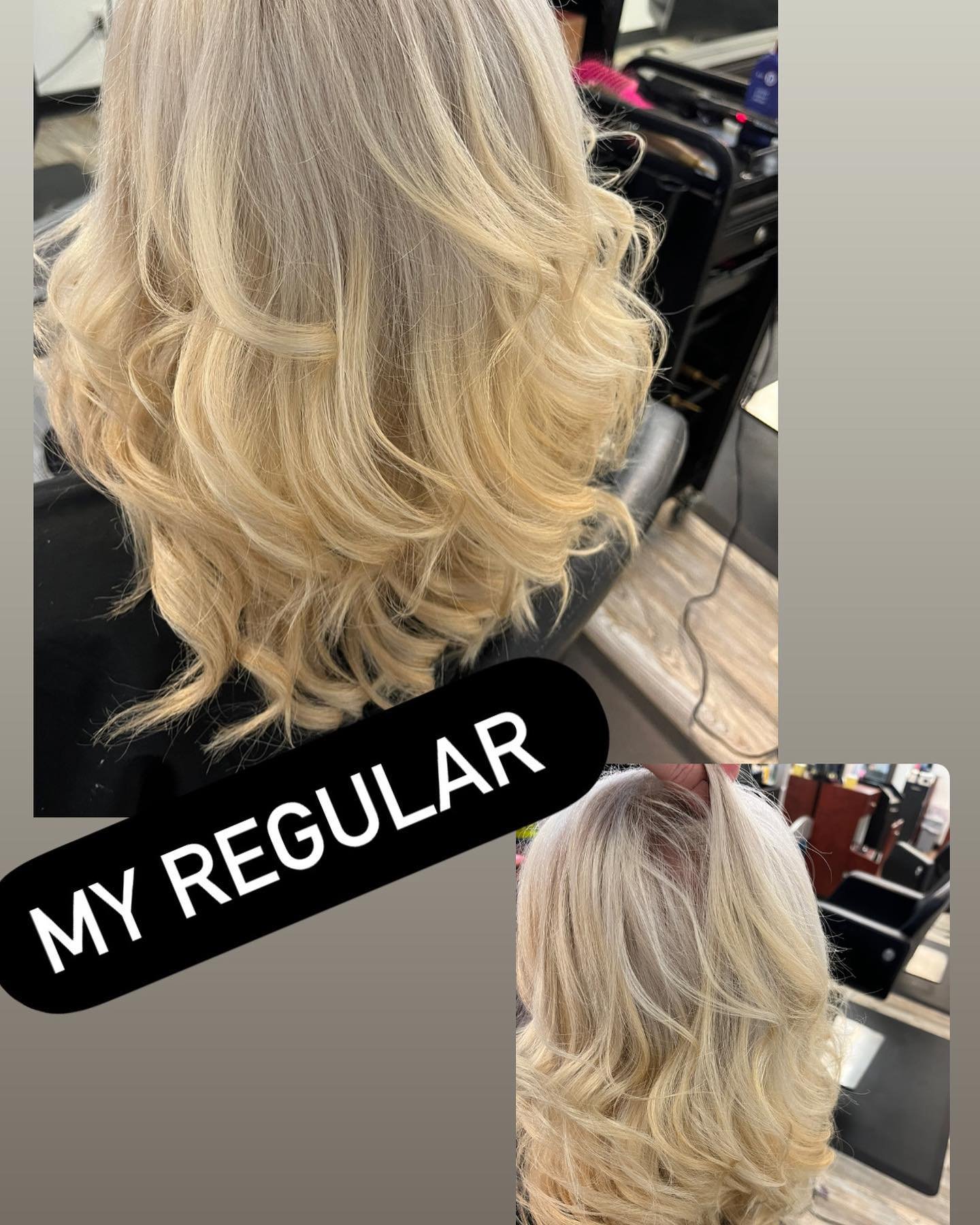 Last year this client boxed dyed her hair red. We got her back to blonde and she comes every 8 weeks for a root touch up to maintain her blonde look. To keep it healthy she used olaplex purple shampoo and conditioner and get a tiny trim each time. 😉